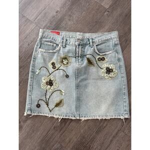 Le Jealous Vintage Denim Skirt Y2K Beaded Floral 42 Large Boho Hippie Festival